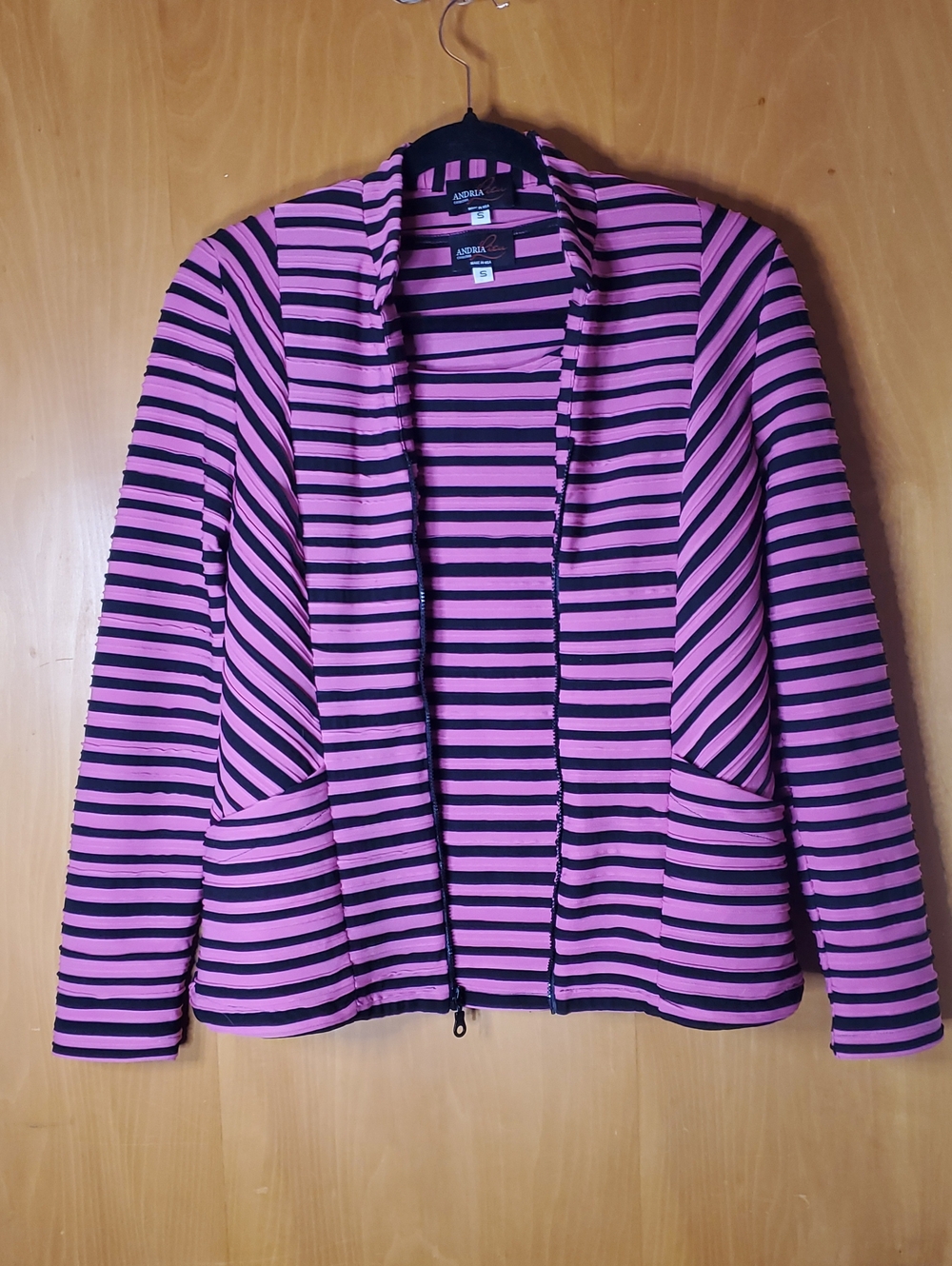 Anika 2-Piece Twin Set: Pink & Black Striped Zip Jacket and Matching Sleeveless
